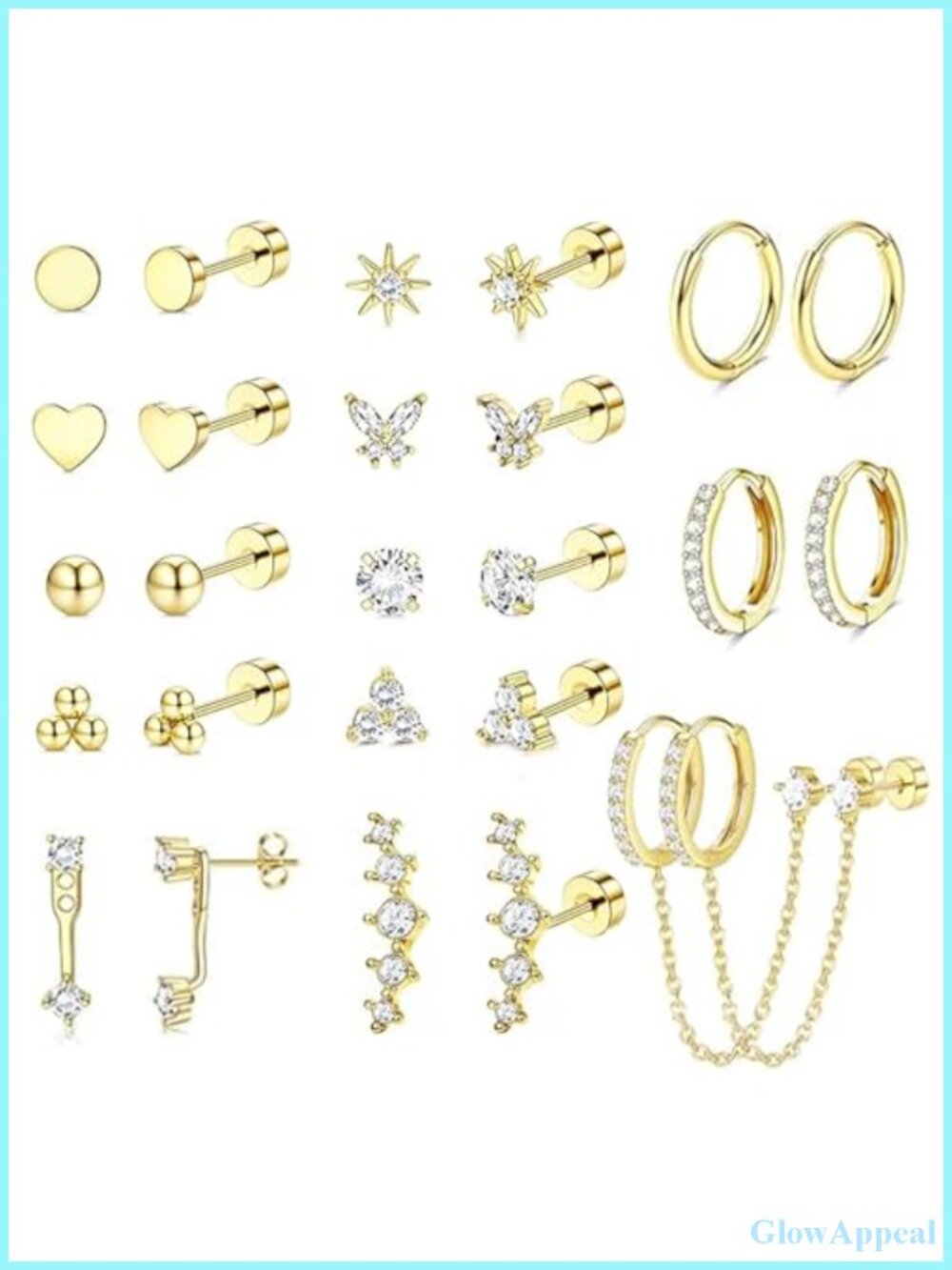 9 Pairs Gold Stud Earrings Set Surgical Stainless Steel Flat Back for Women